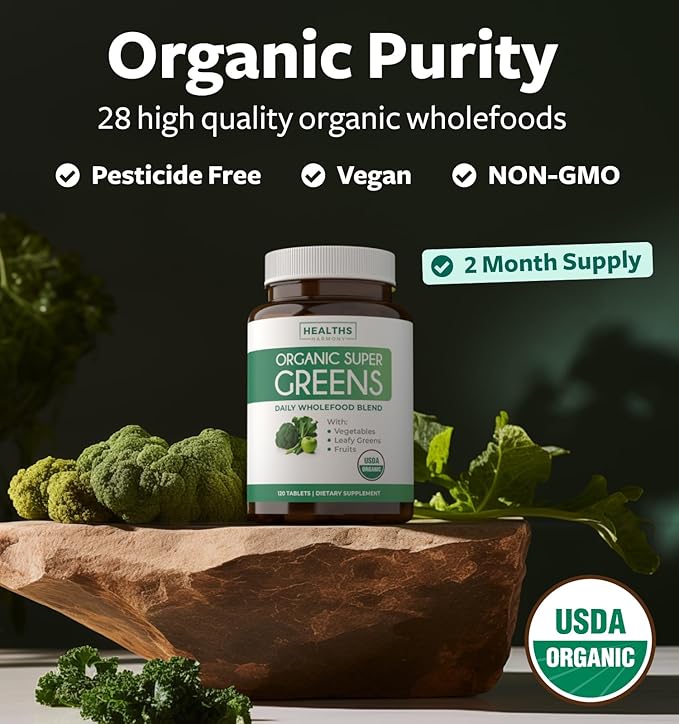 USDA Organic Greens Powder (120 Tablets) Convenient Pills - Complete Superfood Supplement with 28 Fruits & Vegetables - Super Antioxidants, Energy, Gut Health, and Immune Support (No Capsules)