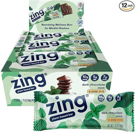 Zing Dark Chocolate Mint Vegan Protein Bars, Gluten Free with High Protein, High Fiber, Dairy Free Nutrition Bars, Plant Based Protein, Kosher, Low Sugar, No Sugar Alcohols - 12 count