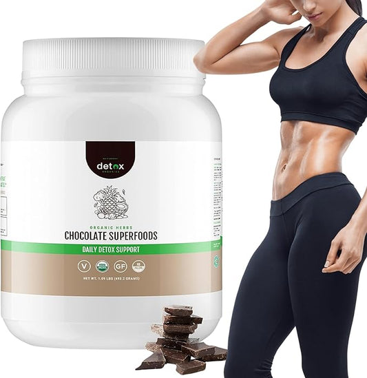 Detox Organics Chocolate Superfood Powder – Cleanse and Detox Smoothie Mix Supplement with Organic Greens Blend, Digestive Enzymes, Immune Support, Bloating Relief, Vegan, Low-Carb (30 Servings)