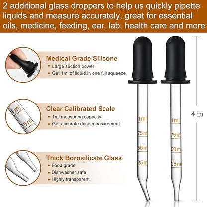 4 Pack, 1 oz Amber Glass Dropper Bottles Plus 2pcs Graduated Calibrated Glass Pipettes (1ml)- 30ml Dark Brown Tincture Bottles with Eye Droppers for Essential Oils, Liquids - Leakproof Travel Bottles