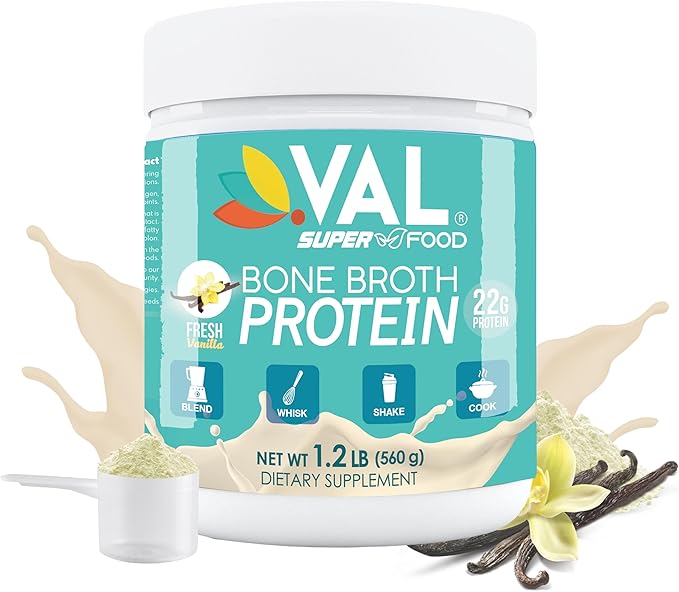 VAL Chicken Bone Broth Powder Protein, 22g Protein, 12g Collagen, 8g Inulin, Pea Protein & MCT Oil, Supports Healthy Skin, Gut Health, Joint Supplement, Gluten Free, 16 Servings
