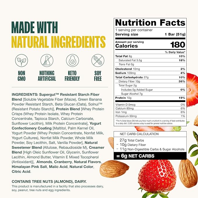 Supergut GLP-1 Boosting Prebiotic Bars, Strawberry Almond - Gut Healthy Protein Snacks & Breakfast Bars - Keto-Friendly Meal Replacement Energy Bars for Gut Health (12 Count)