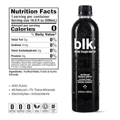 blk. Natural Mineral Alkaline Water, 16.9 oz. (500 mL), 12 Pack, 8 pH Water, Bioavailable Fulvic & Humic Acid Extract, Trace Minerals, Electrolytes to Hydrate, Repair & Restore Cells
