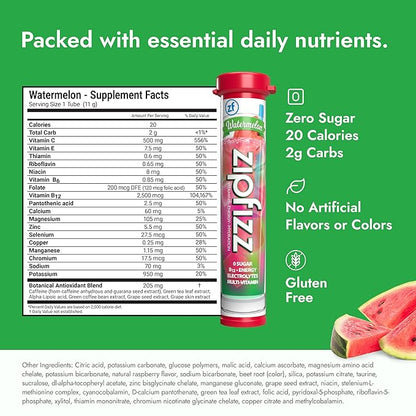 Zipfizz Daily Energy Drink Powder, Watermelon, 20 Pack | 3-in-1 Sustained Energy, Rapid Hydration, and Essential Vitamins | Sugar-Free | Electrolyte Powder | Contains Vitamin B-12 & Antioxidants