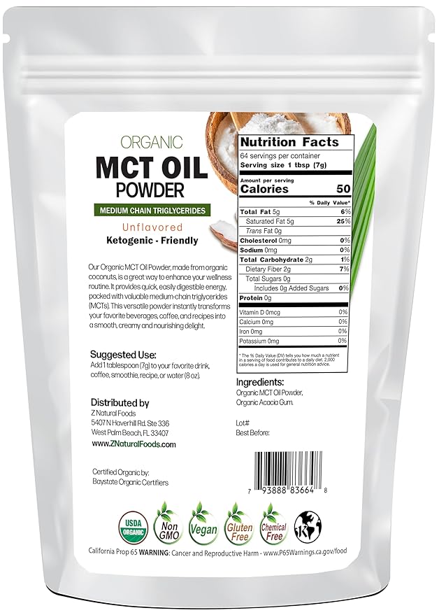 Z Natural Foods Organic MCT Oil Powder - 1 lb | From Coconut Oil with Prebiotic Fiber | C8 and C10 | Natural Plant Based Vegan Creamer For Tea, Coffee, Shakes & Smoothies | Keto & Paleo Friendly Superfood Powder | Non GMO & Gluten Free