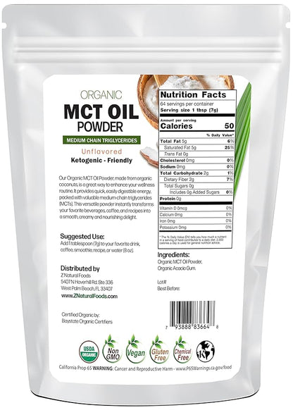 Z Natural Foods Organic MCT Oil Powder - 1 lb | From Coconut Oil with Prebiotic Fiber | C8 and C10 | Natural Plant Based Vegan Creamer For Tea, Coffee, Shakes & Smoothies | Keto & Paleo Friendly Superfood Powder | Non GMO & Gluten Free