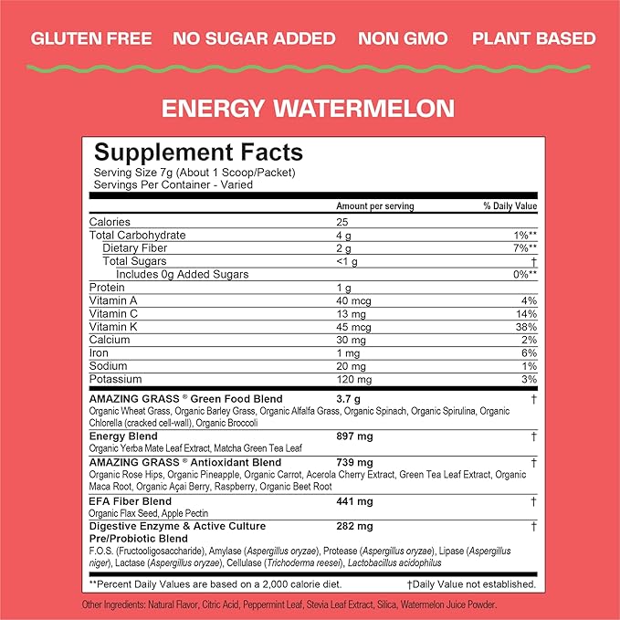 Amazing Grass Greens Superfood Energy: Greens Powder with Plant Based Caffeine, Matcha Green Tea & Beet Root Powder, Watermelon, 30 Servings (Packaging May Vary)
