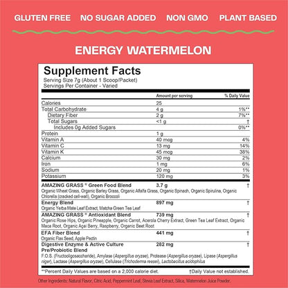 Amazing Grass Greens Superfood Energy: Greens Powder with Plant Based Caffeine, Matcha Green Tea & Beet Root Powder, Watermelon, 30 Servings (Packaging May Vary)