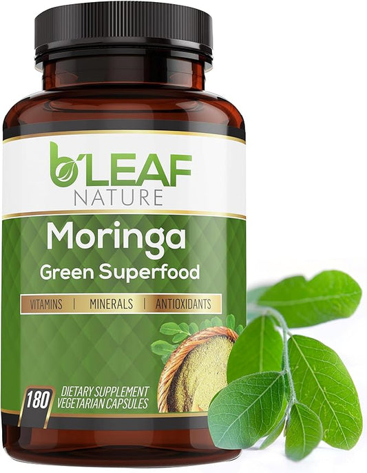 B'LEAF NATURE Organic Moringa Oleifera 180 Capsules, 1000mg – Organic Moringa Powder Capsules - Pure Moringa Leaf Capsules Energy Natural Wellness & Immune Support – Vegan, Non-GMO Moringa Supplement