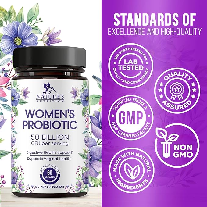 Probiotics for Women's Digestive Health, 50 Billion CFU for Vaginal pH, Gut Health & Immune Support, Daily Probiotic Supplement for Feminine Health, 5 Strains, Gluten Free - 60 Capsules