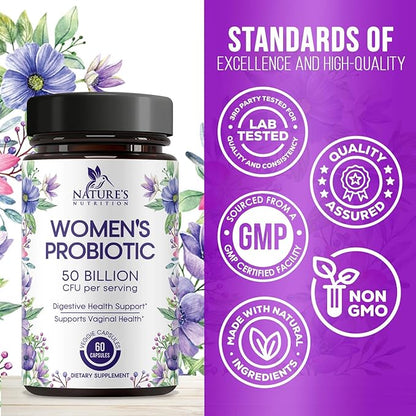 Probiotics for Women's Digestive Health, 50 Billion CFU for Vaginal pH, Gut Health & Immune Support, Daily Probiotic Supplement for Feminine Health, 5 Strains, Gluten Free - 60 Capsules