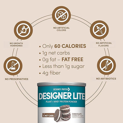 Designer Wellness, Designer Lite, Low Calorie Natural Protein, Prebiotic Fiber, Key Vitamins & Minerals,Chocolate Cookies & Cream, 9.03 Ounces