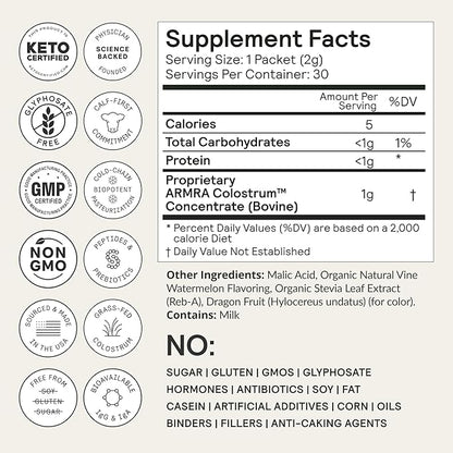 ARMRA Colostrum™ Premium Powder, Grass Fed, Gut Health Bloating Immunity Skin & Hair, Contains 400+ Bioactive Nutrients, Potent Bioavailable, Keto, Gluten & Fat Free (Vine Watermelon | 60 Servings)