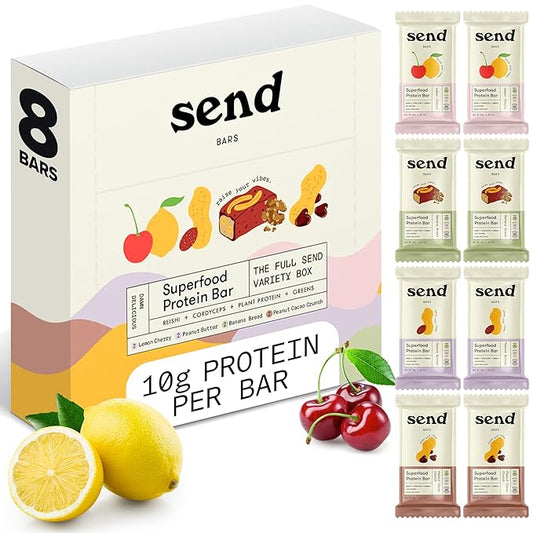 Send Bars Plant-Based Vegan Healthy Protein Bars, With Greens (The Full Send Variety Box, 8 Bars) – Lemon Cherry (x2), Peanut Butter (x2), Banana Bread (x2), Peanut Cacao Crunch (x2)