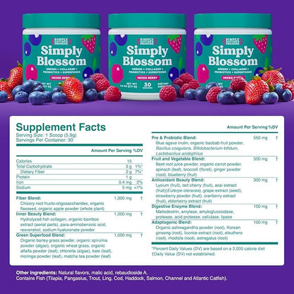 Simply Nature's Promise Blossom Nutrition - Daily Greens & Superfood Powder + Collagen + Probiotics for Women's Digestive Health & Bloating Relief. Help Your Health Bloom - 2 Month Supply