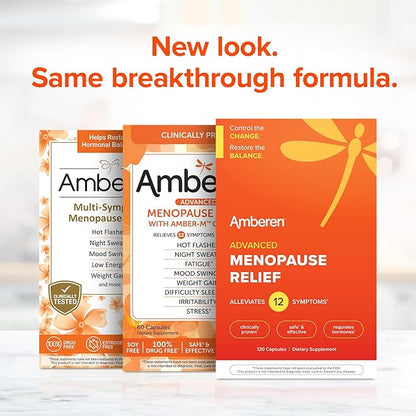 Amberen: Safe Multi-Symptom Menopause Relief. Clinically Shown to Relieve 12 Menopause Symptoms: Hot Flashes, Night Sweats, Mood Swings, Low Energy and More. 2 Month Supply