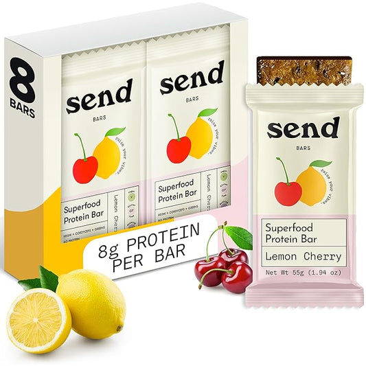 Send Bars Plant-Based Vegan Healthy Protein Bars, With Greens (Lemon Cherry, 8 Bars) – Increase Your Focus, Tolerance For Stress & Physical Output With Organic Ingredients