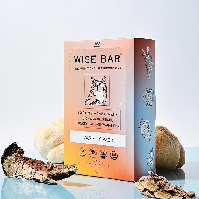 Wise Bar Adaptogen Mushroom Nutrition Bars with Reishi, Lions Mane & Ashwagandha, Organic Vegan & Gluten Free Snacks for Natural Focus, Energy & Immunity Support, Variety Flavor Pack, 12 Count