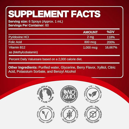 Vitamin B12 Energy Spray, Methylcobalamin with Folic Acid Sublingual Liquid Complex for Focus, & Metabolism, Nano Technology Instant Absorption and Custom Dosage (4 oz - 120 Servings)