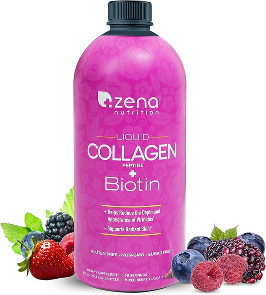 Zena Nutrition Liquid Collagen Peptide + Biotin 2500mg Verisol 5000mcg Biotin 60 Servings, 20.3 FL