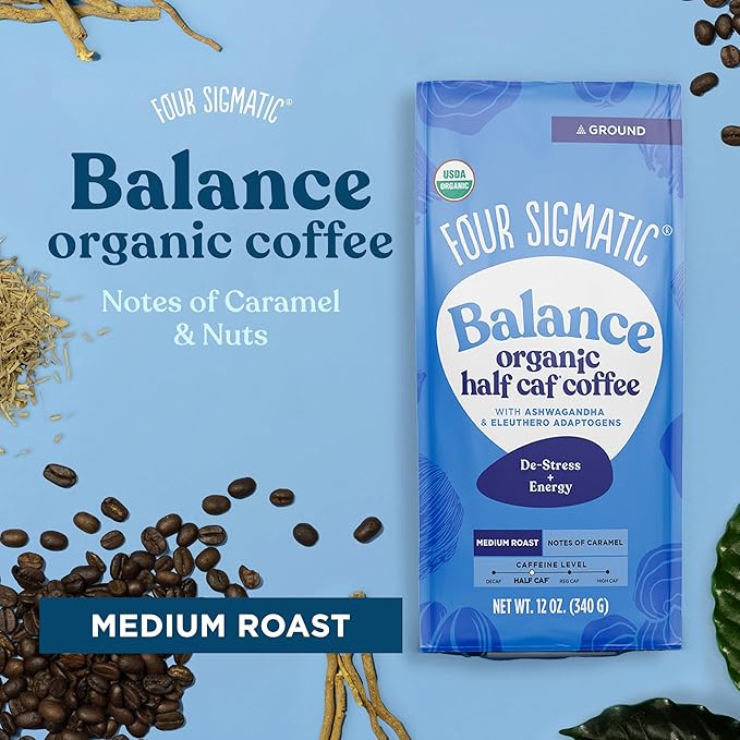 Four Sigmatic Organic Balance Adaptogen Ground Coffee | Medium Roast USDA Organic Coffee with Ashwagandha, Chaga Mushroom, Eleuthero and Tulsi for Focus and Energy Boosting | 12oz Bag