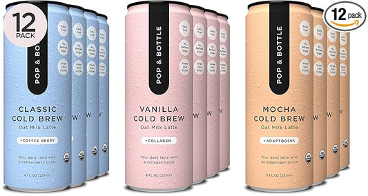 Pop & Bottle, Oat Milk Lattes - Cold Brew, Maca, Antioxidants, Ashwagandha, MCT Oil, Collagen, Organic, Diary Free, Gluten Free, Lightly Sweetened with Dates - Variety, 8 Fl Oz (12 Pack)