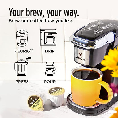 VitaCup Lightning Coffee Pods, for Memory & Focus w/ 2X Caffeine, Green Coffee Bean, B Vitamins, D3, Strong Dark Roast Coffee, Recyclable Single Serve Pod Compatible with Keurig K-Cup Brewers,32 Ct