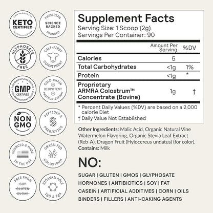 ARMRA Colostrum™ Premium Powder, Grass Fed, Gut Health Bloating Immunity Skin & Hair, Contains 400+ Bioactive Nutrients, Potent Bioavailable, Keto, Gluten & Fat Free (Vine Watermelon | 90 Servings)
