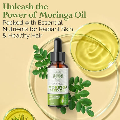 Moringa Seed Oil – 100% Pure, Cold-Pressed & Virgin, Unrefined Non-GMO Vegan Oil, Ultra-Hydrating Moisturizer for Dry Skin, Damaged Hair & Body, Anti-Aging, Ideal Carrier Oil
