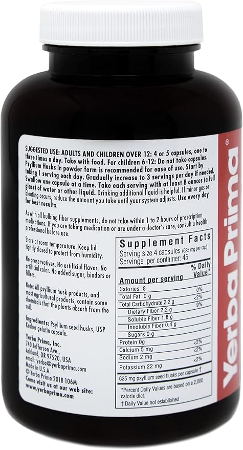Yerba Prima Psyllium Husks Caps Dietary 625 mg, 180 Capsules