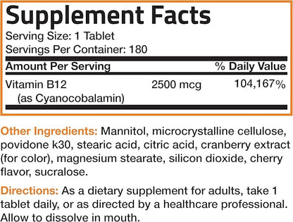 Vitamin B12 2500mcg Shot Of Energy B12 Vitamin 180 Count