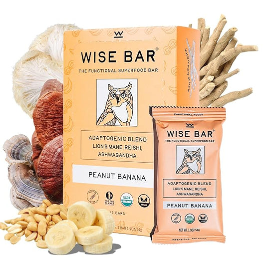 Wise Bar Adaptogen Mushroom Nutrition Bars with Reishi, Lions Mane & Ashwagandha, Organic Vegan & Gluten Free Snacks for Natural Focus, Energy & Immunity Support, Peanut Butter Banana, 12 Count