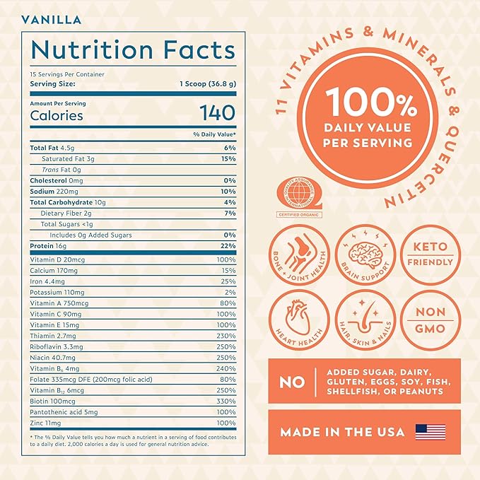 Veeg Meal Replacement Shake, Organic Greens Powder, Superfoods, Nutrients & Multivitamins, MCT Oil, All-in-One Protein Smoothie, Prebiotics & Probiotics, Vegan, Dairy Gluten Free, Sugar Free, Vanilla