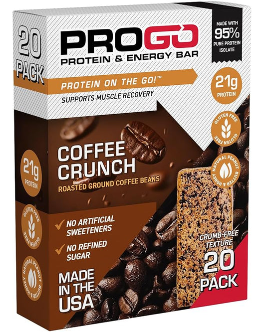 ProGo Protein Bars, Energy Bars – 21g Clean Protein, 95% Pure Isolate for Muscle Growth, Collagen for Recovery, Low Calorie, Sweetened w/ Honey & Peanut Butter (20-Count, Coffee Crunch)