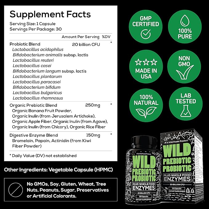 Wild Prebiotics and Probiotics with Digestive Enzymes 20 Billion 10 Strains 30 Capsules