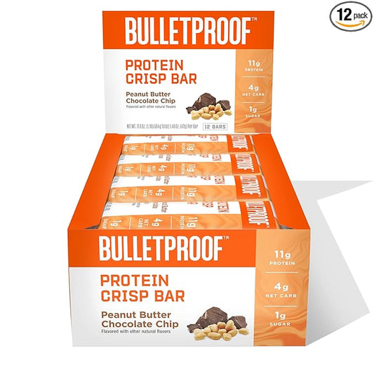 Bulletproof Protein Crisp Bars, Peanut Butter Chocolate Chip, 12 Pack, High Protein, Low Sugar