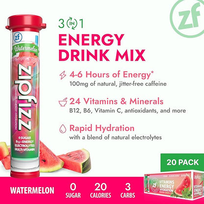 Zipfizz Daily Energy Drink Powder, Watermelon, 20 Pack | 3-in-1 Sustained Energy, Rapid Hydration, and Essential Vitamins | Sugar-Free | Electrolyte Powder | Contains Vitamin B-12 & Antioxidants