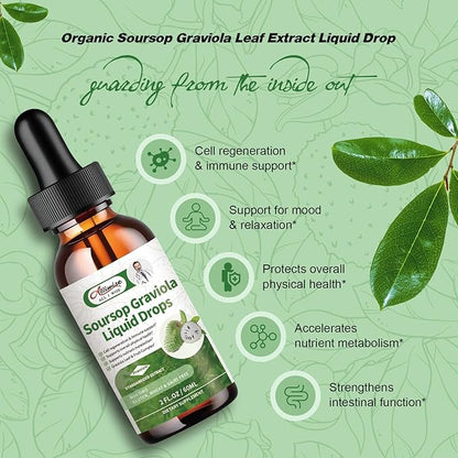 Soursop Graviola Leaf Extract Liquid Drop for Cell Regeneration & Immune Support-Vegan Soursop Bitters Liquid,99% High Absorption Form Soursop Leaf & Fruit Complex-2Fl oz