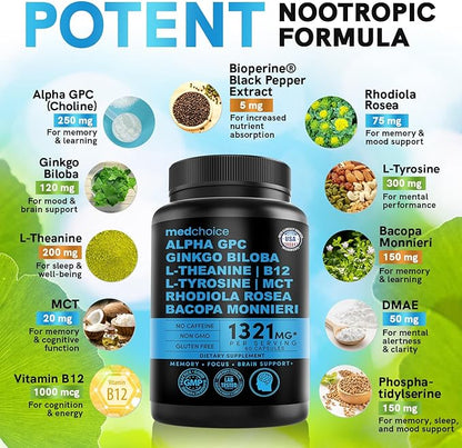 11-in-1 Nootropic Brain Supplements: Memory & 1321mg, 60ct 60ct - (2 pack)