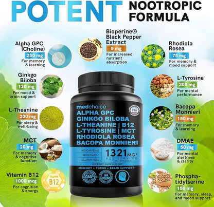 12-in-1 Nootropic Brain Supplement Anhydrous: Ginkgo Biloba for Brain Support, Memory and Focus - B12, Alpha GPC, L Theanine and Choline Supplements with Bioperine non Caffeinated 1321mg (120ct)
