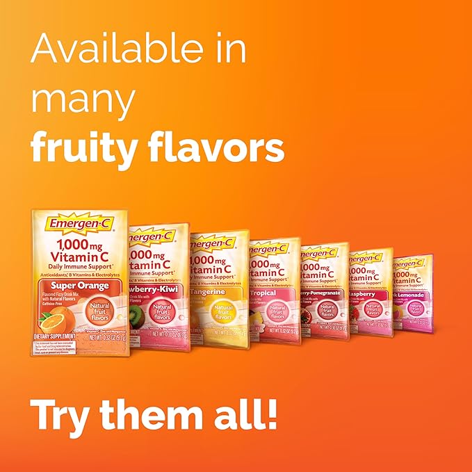 Emergen-C 1000mg Vitamin C Powder, with Antioxidants, B Vitamins and Electrolytes, Supplements for Immune Support, Caffeine Free Fizzy Drink Mix, Raspberry Flavor - 30 Count/1 Month Supply