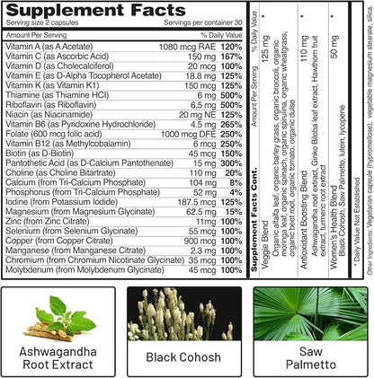 Snap Supplements Women's Multivitamins Daily Vitamins B12, Zinc, 60 Capsules