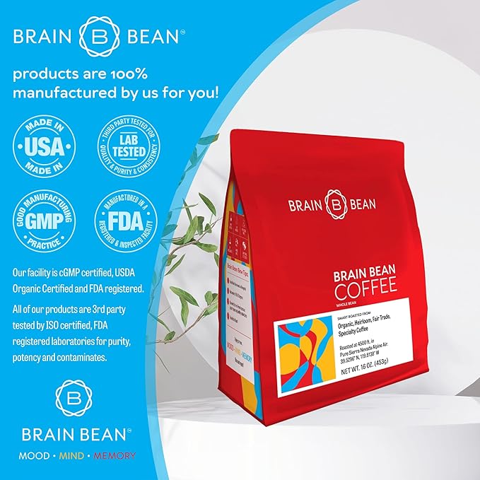 Brain Bean Organic Coffee | Smooth Taste, Antioxidant Rich & Fair Trade | Whole Bean Medium Roast 16 Oz