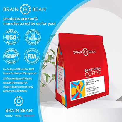 Brain Bean Organic Coffee | Smooth Taste, Antioxidant Rich & Fair Trade | Whole Bean Medium Roast 16 Oz