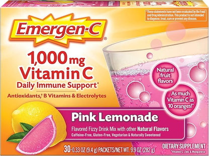 Emergen-C 1000mg Vitamin C Powder, with Antioxidants, B Vitamins and Electrolytes, Immunity Supplements for Immune Support, Caffeine Free Fizzy Drink Mix, Pink Lemonade Flavor - 30 Count