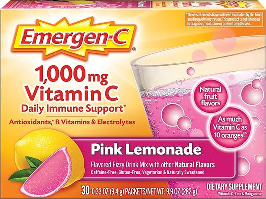 Emergen-C 1000mg Vitamin C Powder, with Antioxidants, B Vitamins and Electrolytes, Immunity Supplements for Immune Support, Caffeine Free Fizzy Drink Mix, Pink Lemonade Flavor - 30 Count