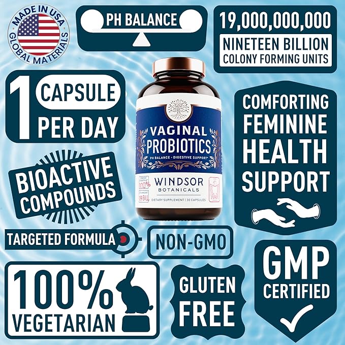 Vaginal Probiotics for Women - 19Bil CFU Lactobacillus Salivarius Probiotic for PH Balance, Digestive, Gut Health - Feminine Balance Complex Probiotics for Women BV Support Supplements - 30 Capsules