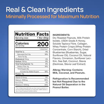 ProGo Protein Bars, Energy Bars – 19g Clean Protein, 95% Pure Isolate for Muscle Growth, Collagen for Recovery, Low Calorie, Sweetened w/ Honey & Peanut Butter (20-Count, Blueberry Coconut Crunch)