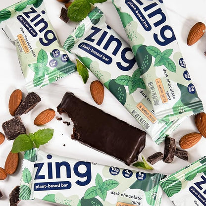 Zing Dark Chocolate Mint Vegan Protein Bars, Gluten Free with High Protein, High Fiber, Dairy Free Nutrition Bars, Plant Based Protein, Kosher, Low Sugar, No Sugar Alcohols - 12 count