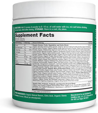 Zena Organic Super Greens Powder, 70+ Superfoods Drink Mix, 0 Sugar, 3G Fiber, Fruits, Veggies, Spirulina, Chlorella, Antioxidants, Pre & Probiotics, Digestive Enzymes, Green Apple Flavor, 30 Servings